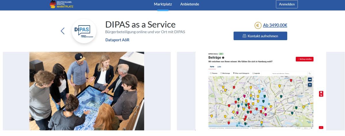 Screenshot Eintrag DIPAS as a Service auf der Plattform Marktplatz Deutschland.digital